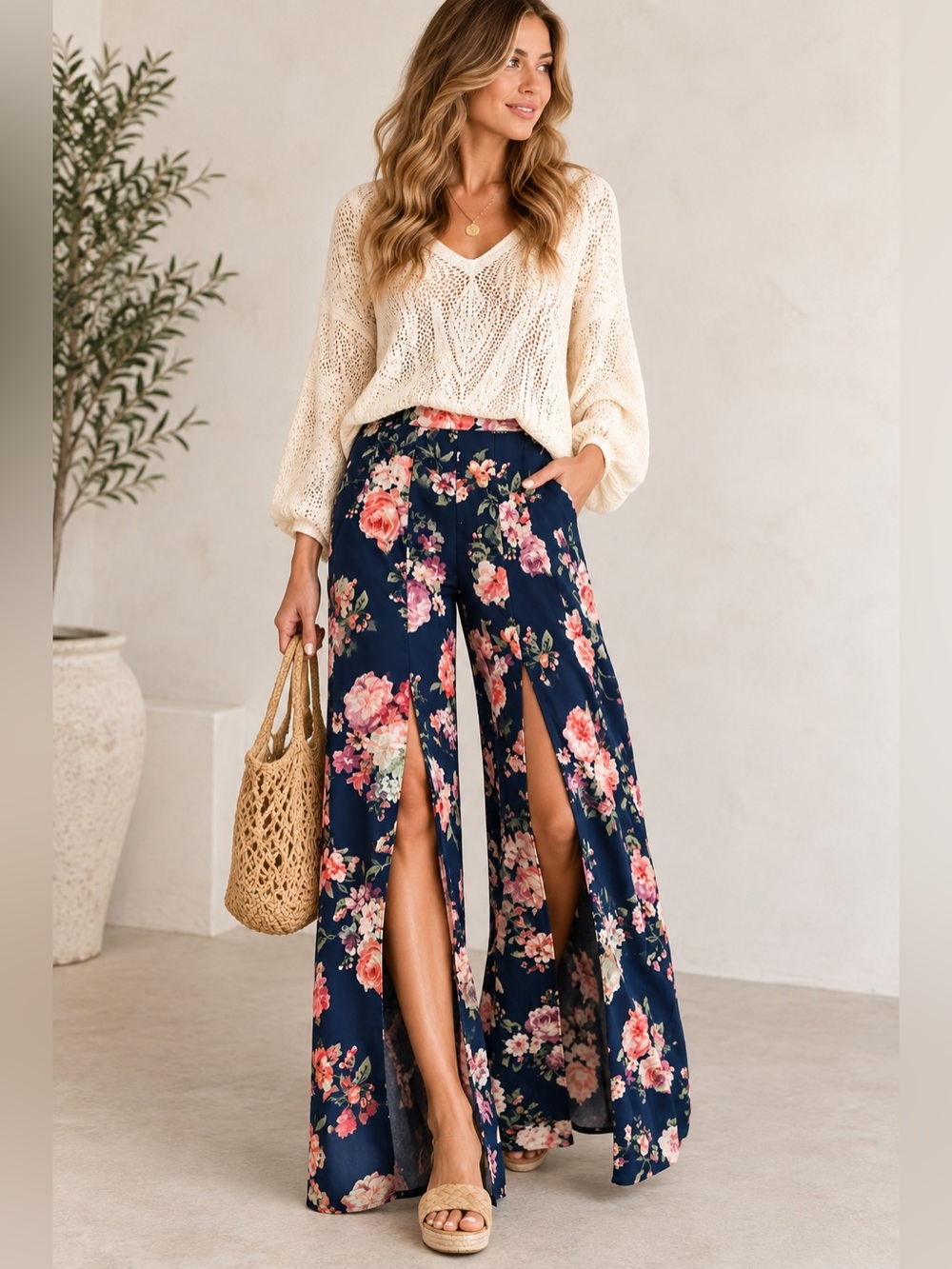 Essue Navy Floral Wide Leg Pants Thigh-High Slit Palazzo M